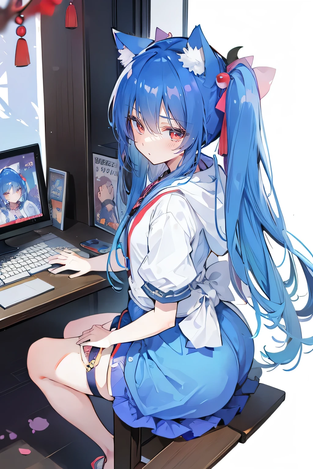 (masterpiece:1.2),Super detailed,lifelike,Expressive eyes,fair skin,perfect face shape,1 girl,
Japanese comics,Gorgeous blue hair,flowing blue hair,flowing clothes,Cat ears,Petals fall,beautiful lola,Baby Angel,
Cross your legs,Gentle and peaceful background,The pavilion is cool and comfortable,smile, wearing hoodie, background of tokyo,back views,snowing, winter.