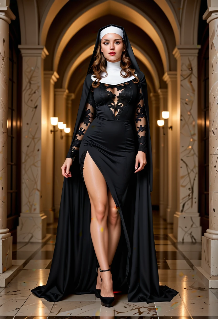 A sexy nun with seductive eyes and pouty lips, wearing a revealing black lace gown and high heels, gracefully poses in a dimly lit cathedral. Her long, wavy hair cascades down her back, framing her alluring face. The detailed folds of her gown create a sense of mystery and intrigue, while the soft candlelight casts a warm glow on her flawless skin. The artwork is a masterpiece of photorealistic beauty, captured with high-resolution precision and ultra-detailed rendering. The vibrant colors add depth and richness to the scene, with a touch of bokeh in the background, creating an ethereal atmosphere. The overall composition exudes sensuality and sophistication, making it a captivating portrait in the genre of erotic art.