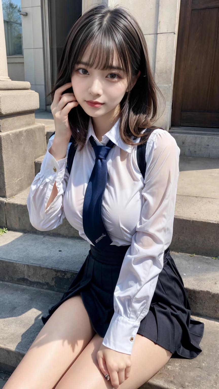 (8K, RAW Photos, Highest quality, masterpiece:1.2), masterpiece, super detailed, super high quality, (Realistic and photorealistic photography:1. 37), High-resolution RAW color photos, Very delicate and beautiful, highly detailed, 8k wallpaper, wonderful, detailed, Very eye, very detailed, very detailed skin, very thin fingers, very detailed nose, very detailed mouth, Perfect , BREAK,18 year old girl, moped, short hair, bangs, emphasize , , colossal , very huge round , beauty legs, (Spread your legs:1.2), (Open your legs:1.2), Hands between legs, (perfect body shape:1.1), Big Natural Color Lip, Small and round face, cute type, (Details High quality, realistic depiction of eyes:1.3), Beautiful makeup, glitter makeup, BREAK, skirt, socks, black socks, pleated skirt, kneehighs, white shirt, blue necktie, long sleeves, vest, collared shirt, BREAK, (sitting on a step:1.2),  bold  pose