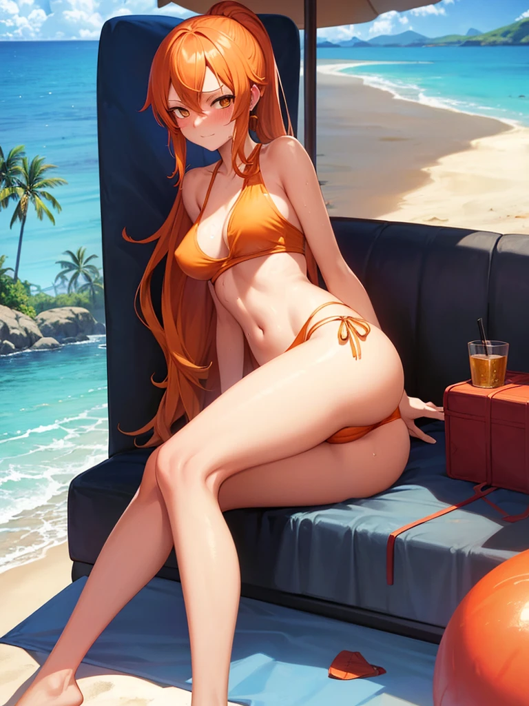 nami, one piece, orange, hair, ????, hot, tall, shoulder tattoo, orange eyes, ponytail, tropical blue bra, ocean, palm trees, beach, long hair, loincloth, loincloth, 1girl, whore, slut, hoe, 18, solo, lei, wearing a blue loincloth, sideboob, medium sized , skinny, long legs, solo, onegirl, 1girl, secudtive look, blushing, blush, relaxed face, closed eyes, beach chair, ?????????, ??? toys, sweating, wet, parasol, revealing clothes, ??????, ???????, slightly tan, 