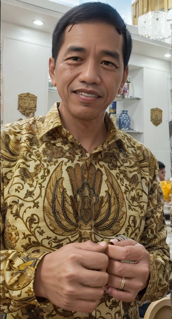 4k, Best quality, masterpiece, ultra high res, beautiful lighting, (realistic, photo-realistic:1.4), realistic background, jokowi, 1man, 50 years old, eat popcorn