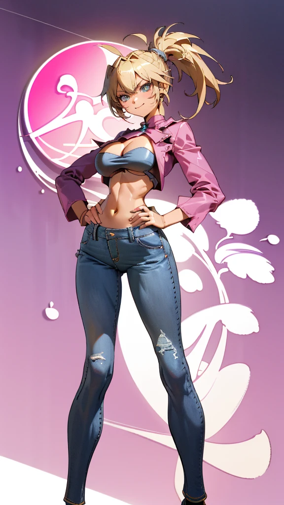 Masterpiece, best quality, Masterpiece, best quality, 1 woman  , blue eyes , yellow ponytail , Pink Chest Island , sly face , smile ,  Jeans shorts , abdomen, big breasts , Long legs , pink high heels , hands on hips , tall building , building