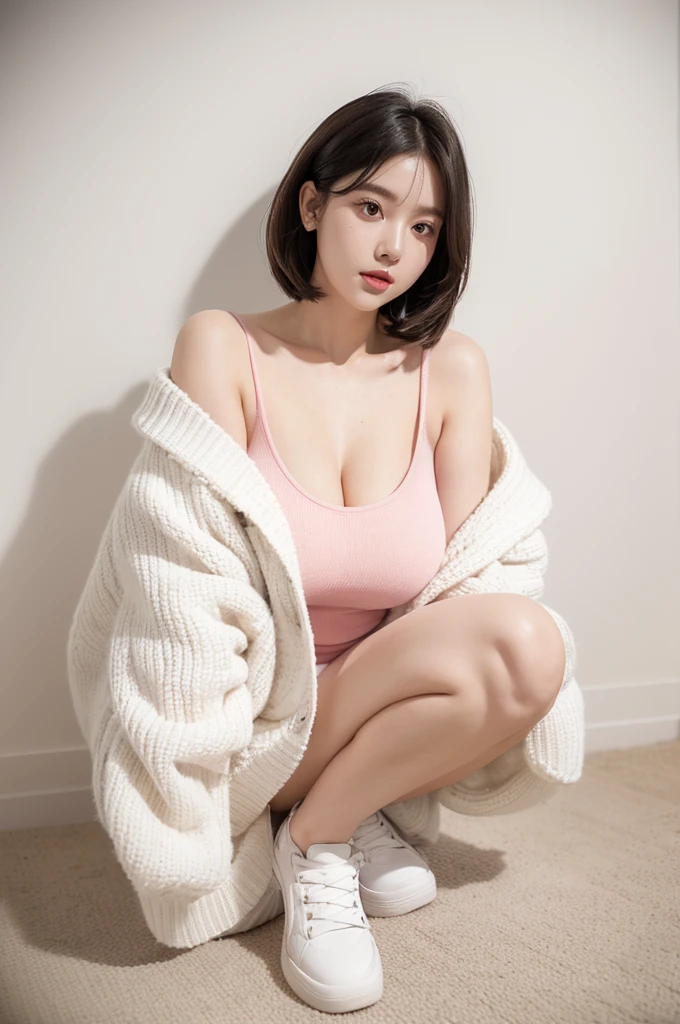 Cool beauty, Looks sweet, bob haistyle, wearing white oversize sweater, off-shoulder, show cleavage, sjow shoulders, pink shorts, black bunny headbend. show big thigh, plump body, huge breast, full body photo, (crawl pose)