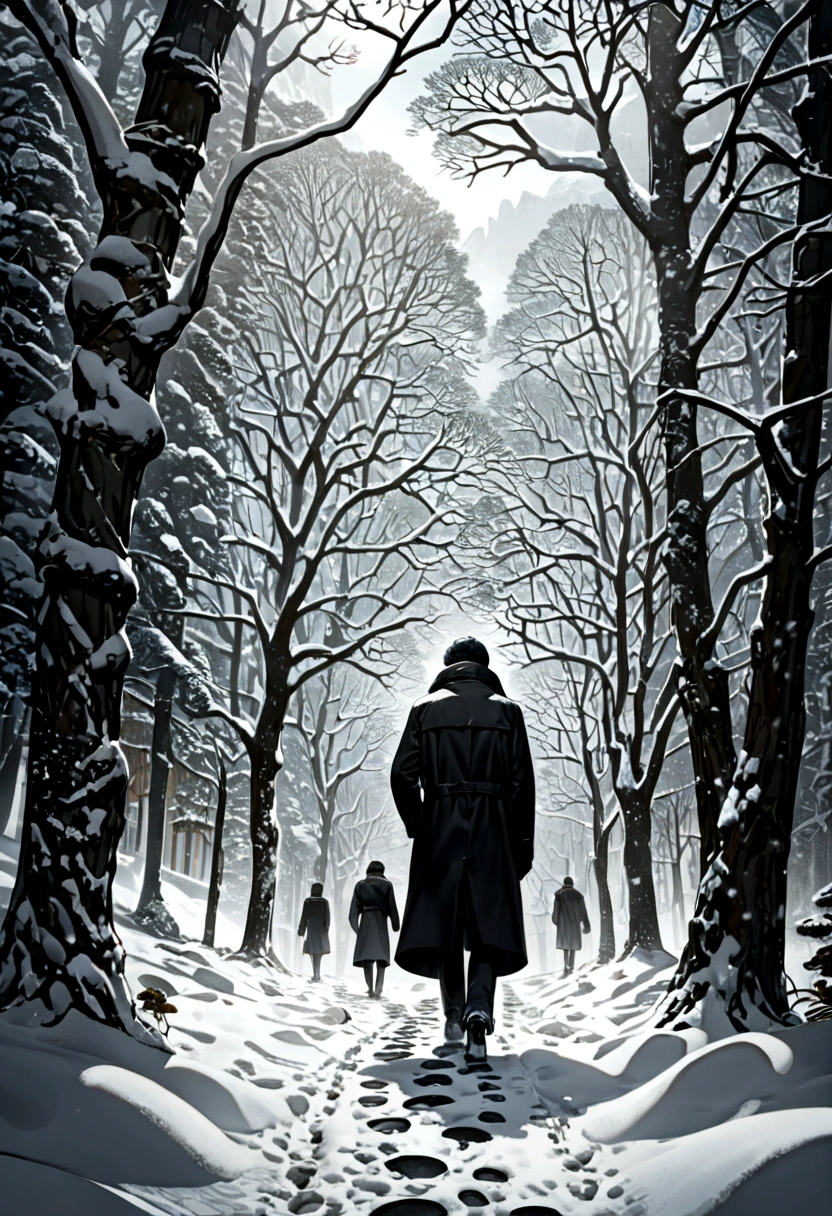 (Black Trench Coat), A figure wearing a black windbreaker is walking in the snow, and the surrounding scenery has been covered in snow, turning into a silver white. Each step of the figure leaves clear footprints, with the background being snowy streets and trees, (Photography), panoramic view, award-winning, cinematic still, emotional, vignette, dynamic, vivid, (masterpiece, best quality, Professional, perfect composition, very aesthetic, absurdres, ultra-detailed, intricate details:1.3)