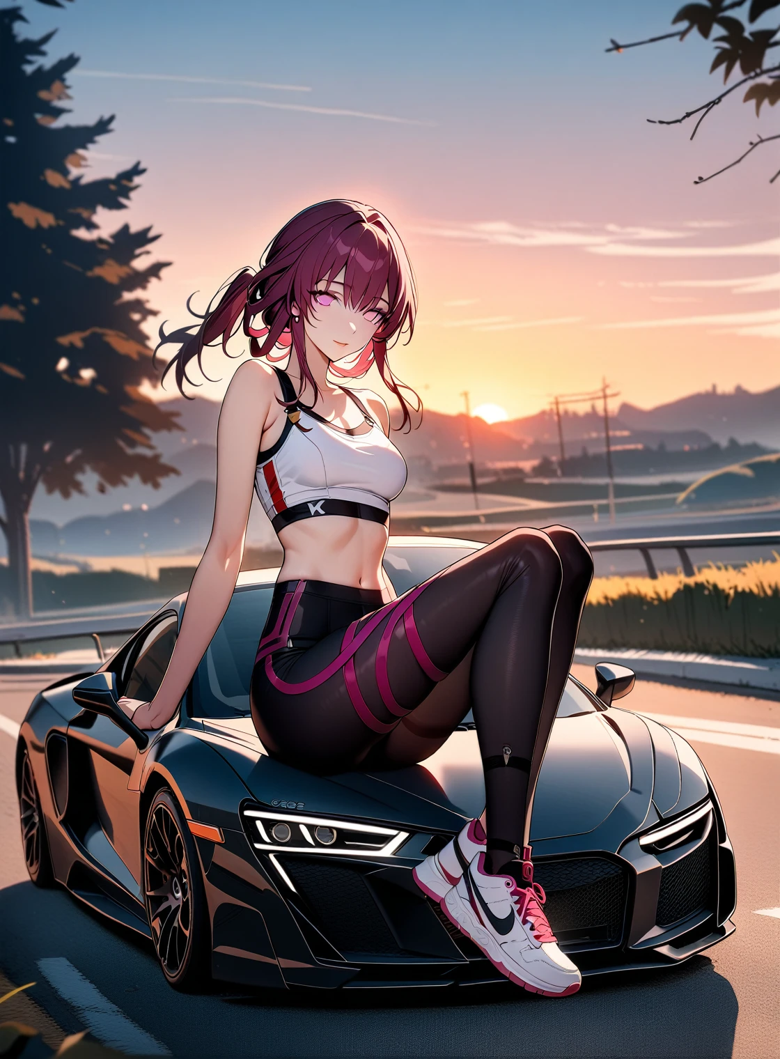 1girl,kafka \(honkai: star rail\),shaggy cut,bangs,detailed eyes,,sports bra,midriff,leggings,sneakers,supercar,two headlights,sitting on the car hood,photoshoot,sunset,clear sky,hair floating with wind,countryside,trees,gress,fence,gorgeous,stunning,black and red,warm colors,8k,ultra detailed,masterpiece,best quality,absurdes