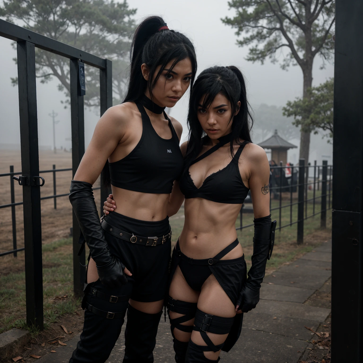 A fierce ninja warrior with jet black hair, in a skimpy, battle-worn outfit, locked in a passionate embrace with a rival ninja on a misty battlefield, hentai style.