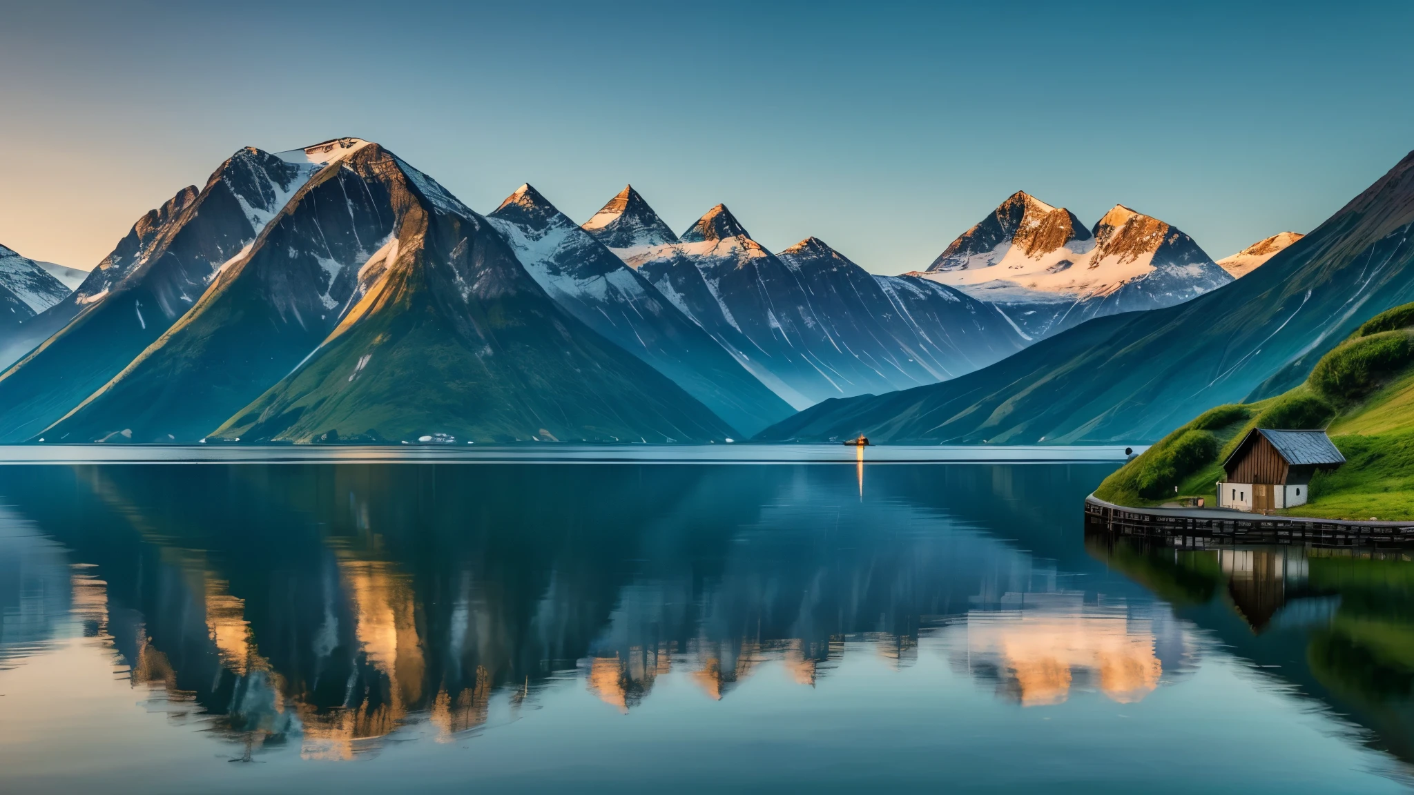 A serene Viking landscape with rolling green hills, a calm fjord, and a majestic mountain in the background. The sky is painted with the soft colors of dawn, reflecting on the still waters of the fjord. A lone Viking longship is anchored near the shore.