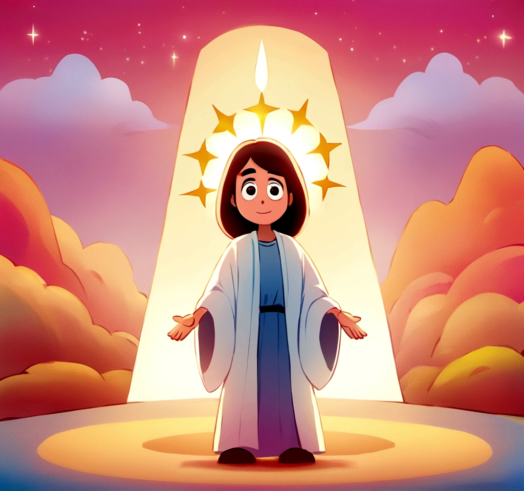 "Draw a picture of Jesus Christ in Pixar style. Jesus must have a calm and welcoming expression, with large, expressive eyes typical of Pixar characters. He must be wearing a simple, light robe, with a light cloak over the shoulders. Background scenery may be soft and blurred, perhaps with a soft, heavenly light, highlighting the figure of Jesus. The overall style should be colorful, friendly and with the characteristic features of Pixar animations, creating a sense of peace and hope."