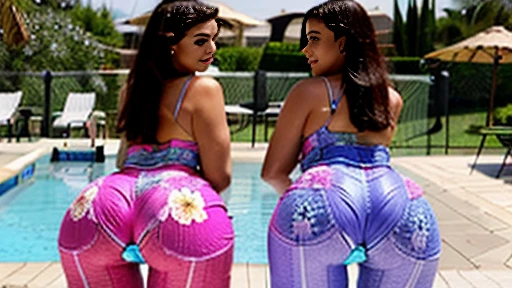 fat ssbbw curvy bottom heavy pear shaped wide hiped british women, 30 brunette, they are standing together near the pool, they are wearing tight low waisted leggings, and short sleeved floral camisoles, they bend over, view from behind, their leggings are ripping