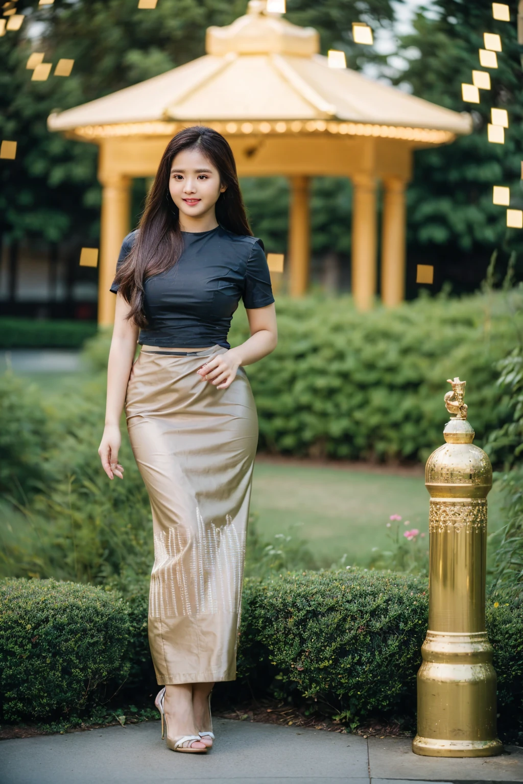 Asian woman long hair in a gold Indonesia batik long skirt and Indonesia batik black shirt standing in garden park, Beautiful Body, traditional beauty, wearing beautiful Indonesia batik clothes, Indonesia batik traditional dress, acmm ss outfit, acmm long skirt, wearing acmm top, high heel, very attractive and beautiful, with lovely look, traditional clothes, very beautiful enga style, (((full body:2))), ((front view:1.5)), (((DSLR bokeh blur background to highlight portrait view:1.5))), (((evening lighting with golden sunlight1.5))), (cinematic enhance HDR portrait lighting, perfect anatomy, cannon mark v, DSLR quality, vibrant HDR color, (perfect anatomy), (perfect toes), (realistic hand shape), (perfect hands), (detailed hands), (perfect toes), (detailed toes), (perfect high heel),