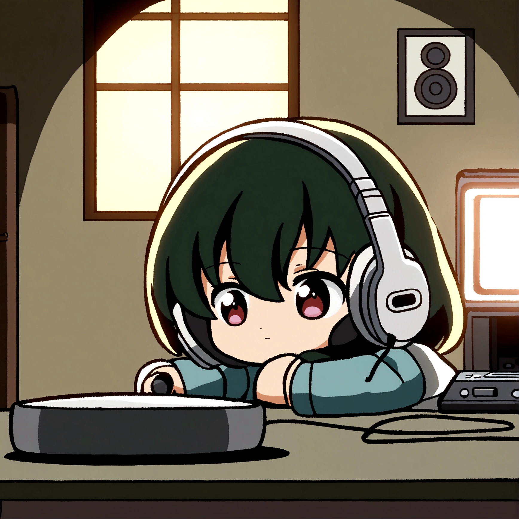Girl listening to music in cozy room at night, Using headphones, 2D style anime, Low Fidelity, harddisk, Dark Environment