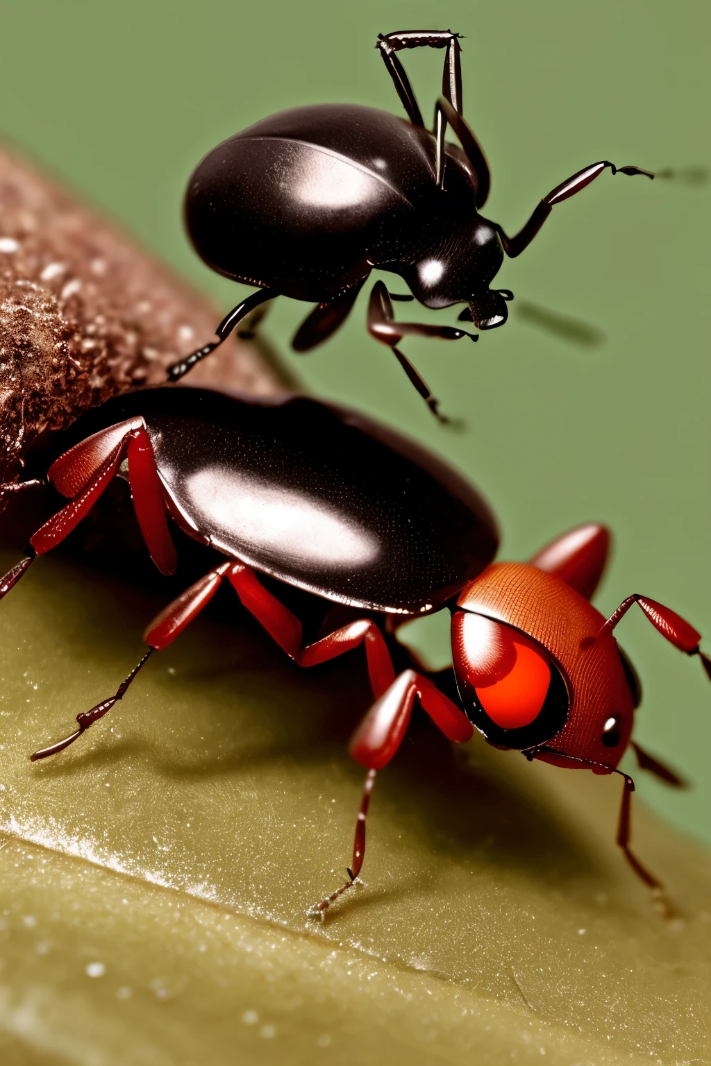 An ant helping a beetle trapped in resin