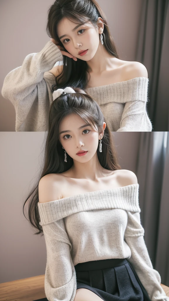(8K、RAW Photos、Highest quality、masterpiece:1.2)、(Realistic、Realistic)、1 Girl、((off shoulder sheer skull sweater 、hand warmers、y2k grumpy accessories, skirt、upper image、space、View from the front、Looking into the camera、unusual pose))、24 years old girl 45kg