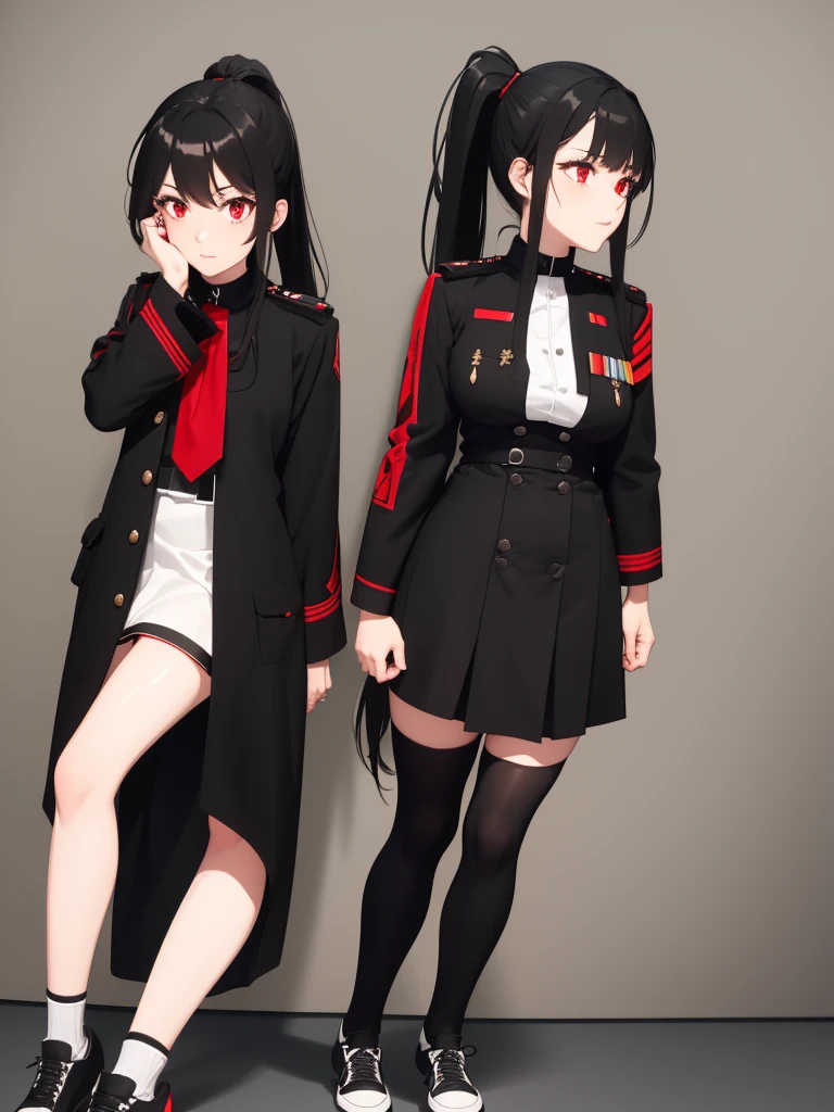 live2D,Girl, black hair, long hair, high ponytail, red eyes, high collar, German military uniform, black uniform, black coat, white shirt, red tie, black short skirt, black stockings, white sports shoes,Standing, High Quality, High Definition