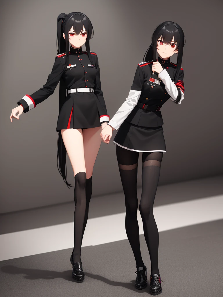 live2D,Girl, black hair, long hair, high ponytail, red eyes, high collar, German military uniform, black uniform, black coat, white shirt, red tie, black short skirt, black stockings, white sports shoes,Standing, High Quality, High Definition
