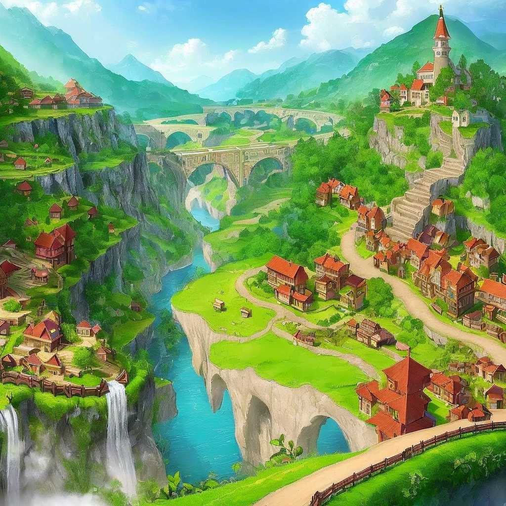 ((best quality)), ((masterpiece)), (detailed), a beautiful, a set of train tracks run through a lush fantasy landscape, a small fantasy village sits near a river bank in the distance, fantasy village, railroad, gorgeous fantasy landscape, stunning world, in the style of video game concept art