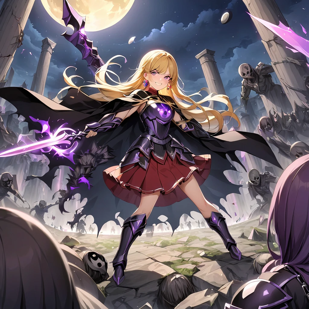 dark persona, Feeling dark energy, destroying, killing people, pile of corpses, at midnight, moon, ecstasy, looking at viewer, armor, fighting stance, happy, blush, evil grin, black leg armor, knight, long hair, octagonal yin yang mirror, purple eyes, audience, pillars of purple fire, 1 woman, black cape, runes, black dress, Ruined city, gold decoration, Summoning a dark sword, at midnight, gold hair, earring, chains, yin yang, red skirt, beautiful art, depth of field, high res, perfect face, detailed outfit