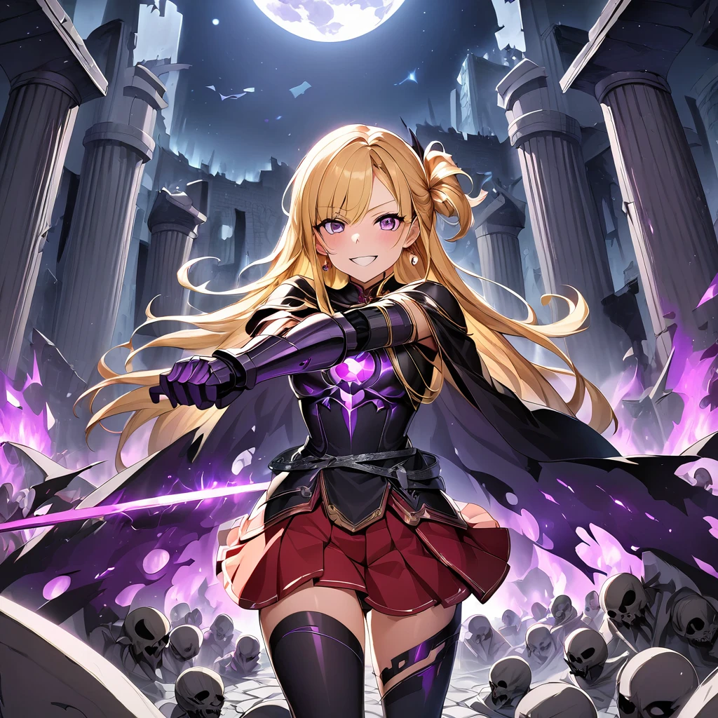 dark persona, Feeling dark energy, destroying, killing people, pile of corpses, at midnight, moon, ecstasy, looking at viewer, armor, fighting stance, happy, blush, evil grin, black leg armor, knight, long hair, octagonal yin yang mirror, purple eyes, audience, pillars of purple fire, 1 woman, black cape, runes, black dress, Ruined city, gold decoration, Summoning a dark sword, at midnight, gold hair, earring, chains, yin yang, red skirt, beautiful art, depth of field, high res, perfect face, detailed outfit