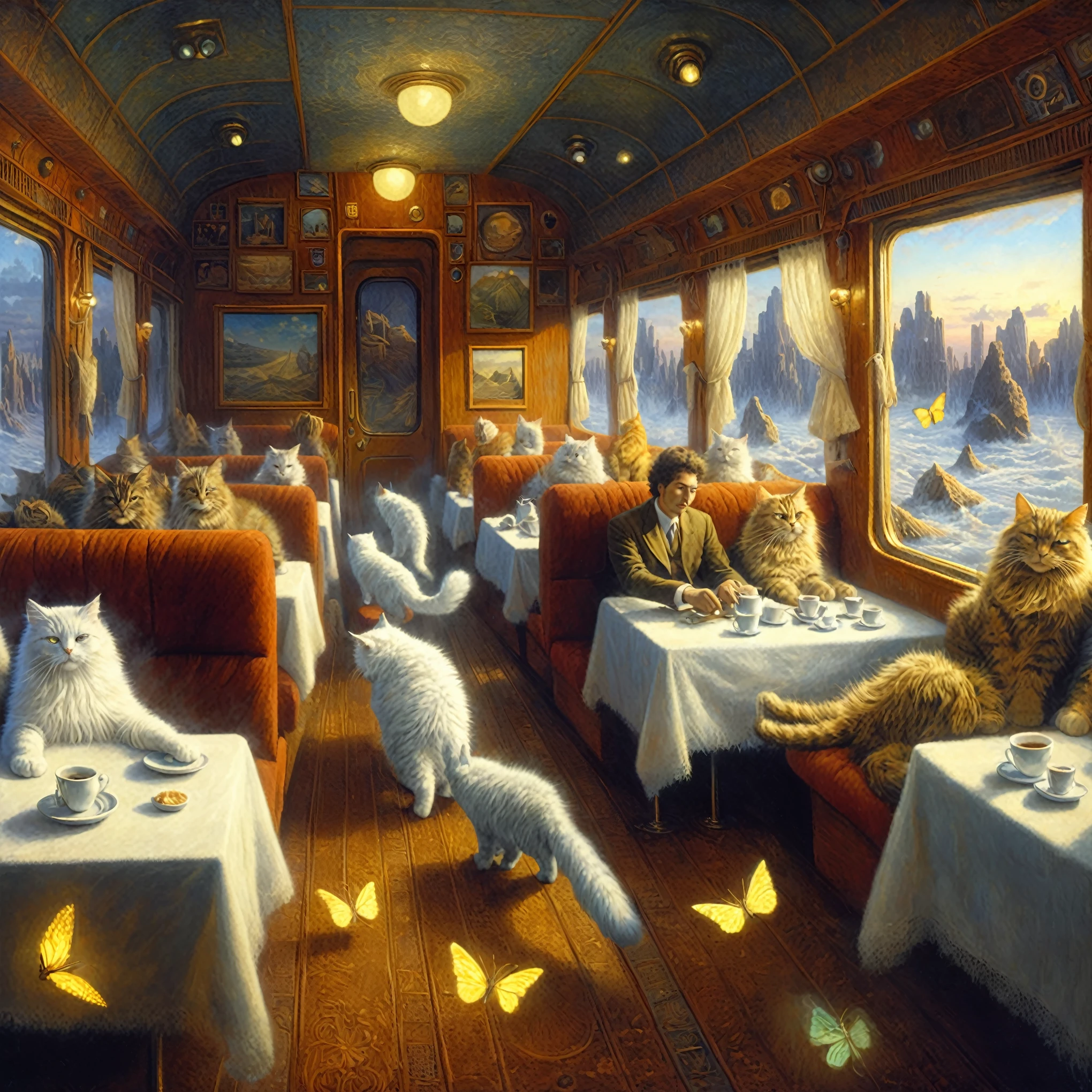 there are a lot of cats sitting on the train seats, Alexander Kucharsky, Rob Gonsalves and Tim White, from Vladimir Kush, inspired by Jean-Leon Gerome, Jim Warren and Rob Gonsalves, based on Krzysztof Boguszewski, surreal art, inspired from Vladimir Kush, by Jop Sanders
