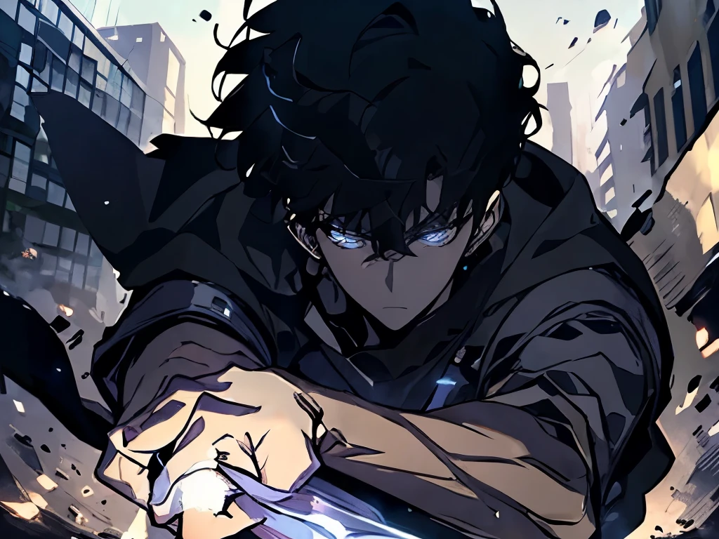 1 man, wearing brown tshirt, holding an sword, blue navy hair, short hair, face to detail, detailed eyes, the background is destroyed city, pefect hands, full-body illustration