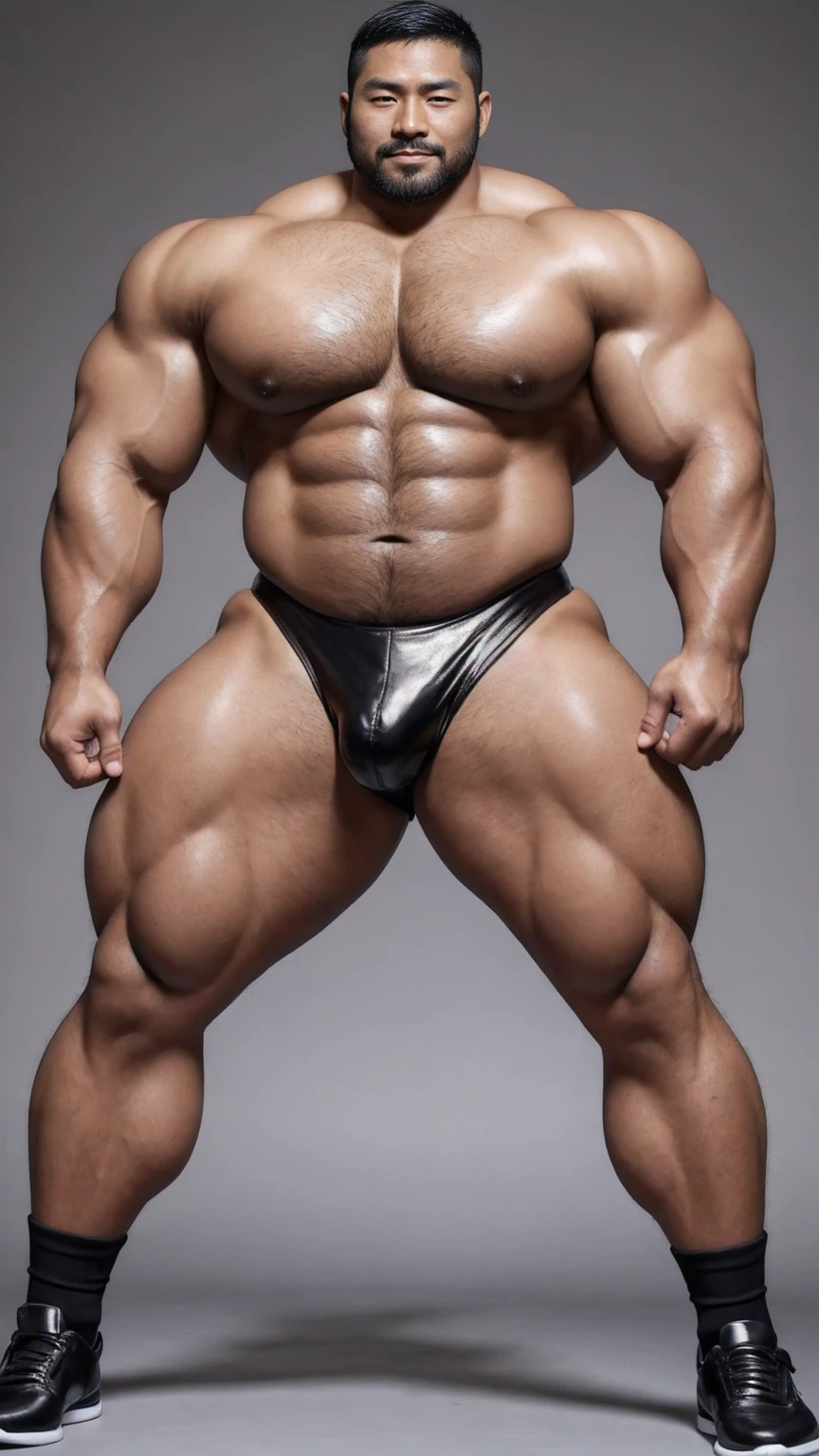 There is only one handsome Asian actor in the photo,35 years old,High target, Fitness,short hair, O-Shaped Beard,Perfect body, Dark skin color,Radiant Skin,Smooth skin,Muscle bulge, muscular, Very large pectoral muscles,Very sexy abdominal muscles,Very well-developed leg muscles,Huge concave and convex area,Brightens oily skin,Wearing black leather shiny thong,Handsome face, Correct and accurate male body proportions, Wear black socks,Standing on a gray background。