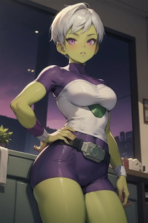 (masterpiece, best quality), 1girl, cheelai, green skin, purple bodysuit, short sleeves, purple shorts, belt, 