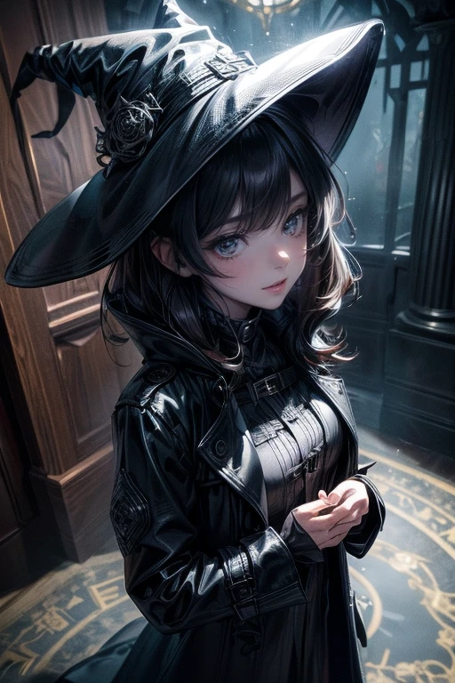 a cute dark-haired witch girl, detailed glowing magic circle on the floor:1.3, extremely detailed witch hat, mischievous smile, wareing extremely detailed (((black trench coat))):1.5, realistic, detailed, high resolution, cinematic lighting, dramatic angles, dark fantasy, moody colors, dramatic shadows, mysterious atmosphere, highest quality, intricate details, photorealistic, 8k, masterpiece:1.2, view from above