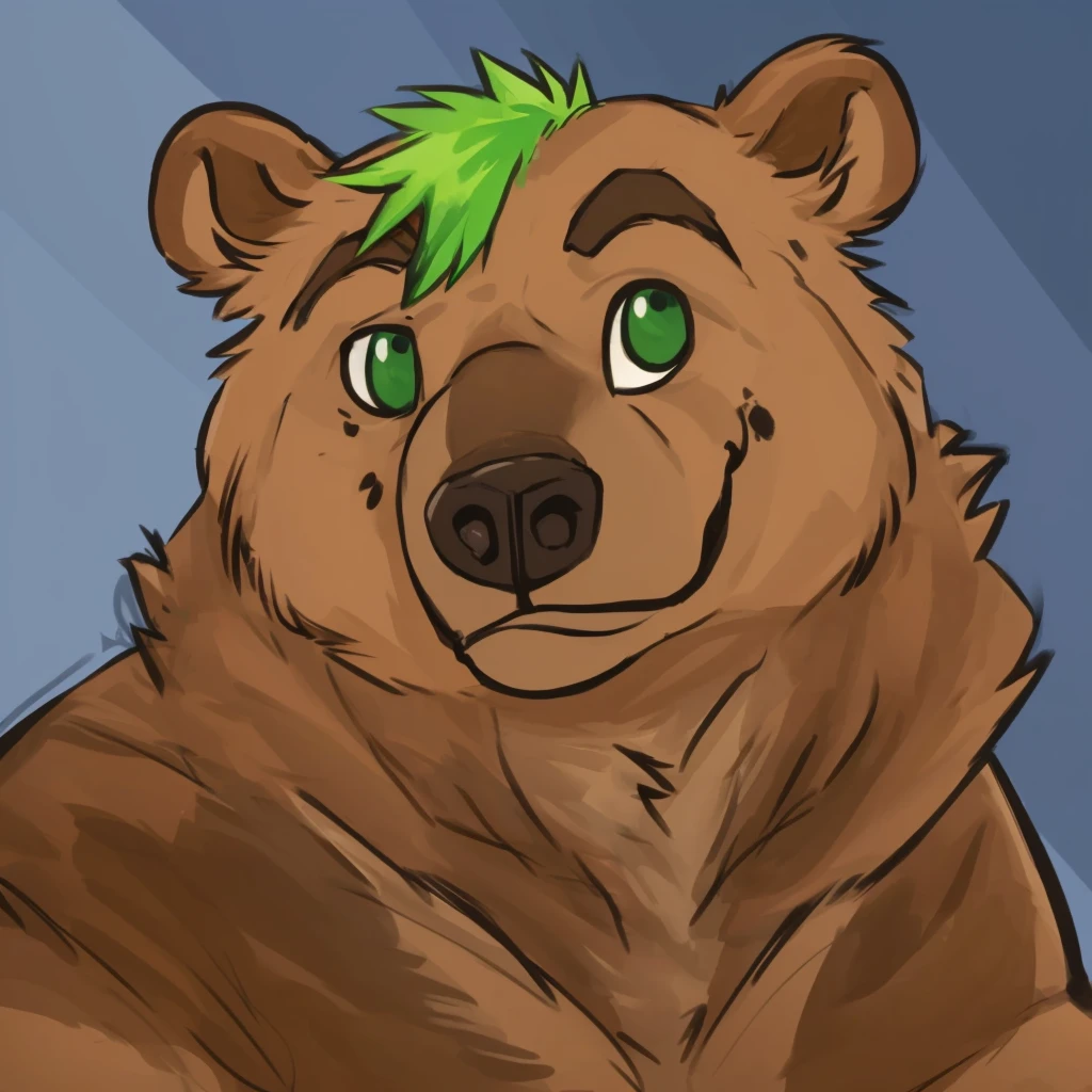 a anthropomorphic and muscular grizzly bear with green hair, closed smile, high quality furry art, cute.