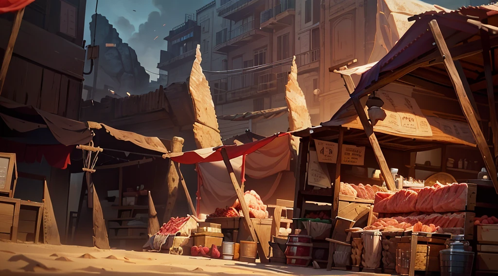 traditional market, butchery, (they sell meats on the table and display case, skull), ((market stalls, market tents)), wooden boxes, wooden basket, wire, ((giant sharp rocks)), sand ground, (dawn time, daybreak sky, dark morning), low angle, AnatomicTech,