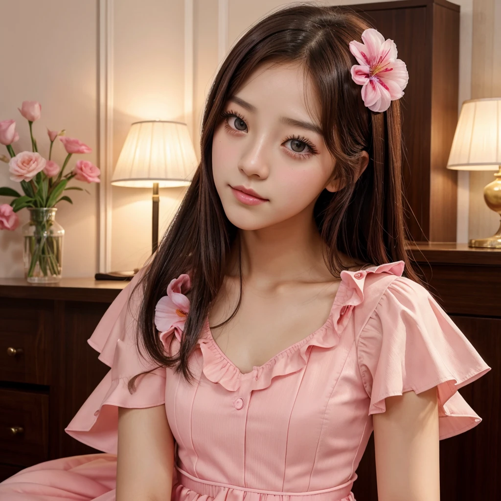 Jisoo girl with moist eyes and a soft hot pink flower dress beautiful sex closely face romantic