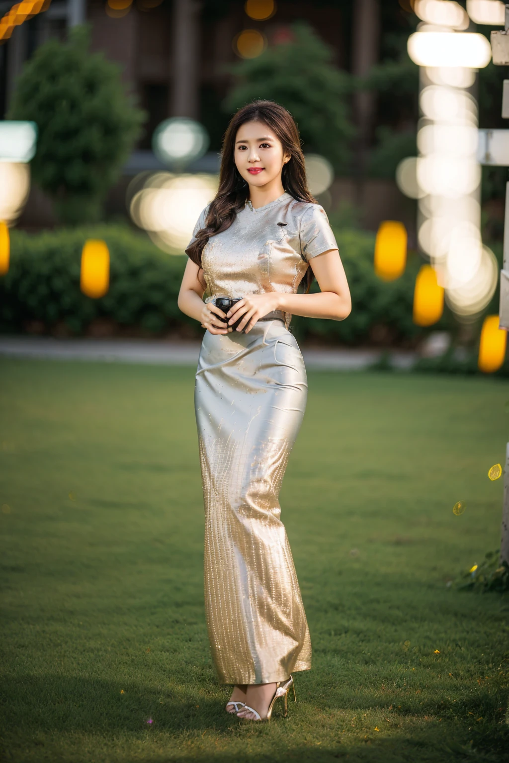 Asian woman long hair in a gold Indonesia batik long skirt and Indonesia batik black shirt standing in garden park, Beautiful Body, traditional beauty, wearing beautiful Indonesia batik clothes, Indonesia batik traditional dress, acmm ss outfit, acmm long skirt, wearing acmm top, high heel, very attractive and beautiful, with lovely look, traditional clothes, very beautiful enga style, (((full body:2))), ((front view:1.5)), (((DSLR bokeh blur background to highlight portrait view:1.7))), (((evening lighting with golden sunlight1.5))), (cinematic enhance HDR portrait lighting, perfect anatomy, cannon mark v, DSLR quality, vibrant HDR color, (perfect anatomy), (perfect toes), (realistic hand shape), (perfect hands), (detailed hands), (perfect toes), (detailed toes), (perfect high heel),