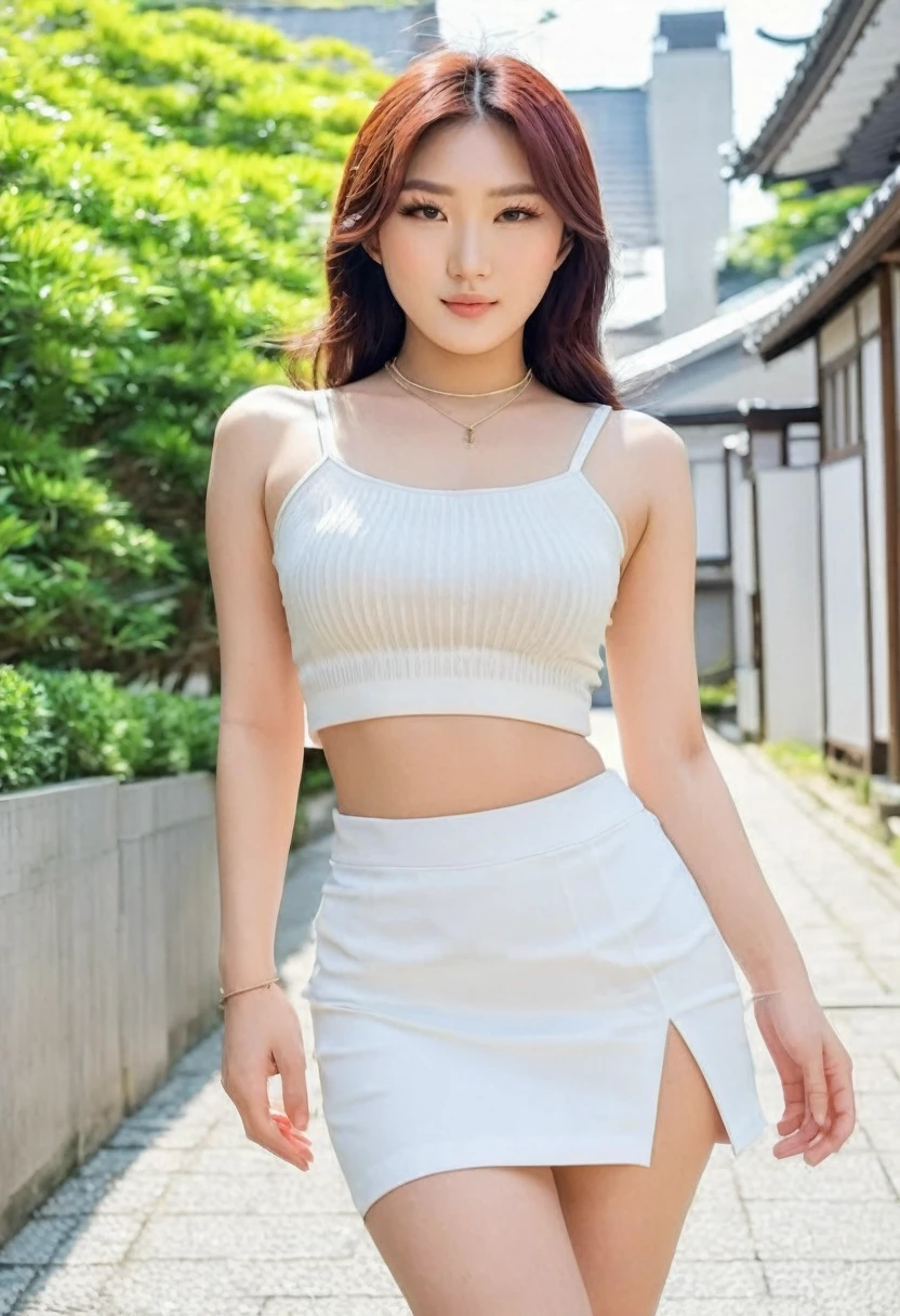 ((Best high quality:1.2)), (8k), extremely detailed, ((High detail:1.2)), (HotLexi woman), Solo, ((Go Youn-jung)), ((24 years old pretty perfect stereotypical Japanese female:1.4)), (crop top, pencil micro-skirt),
