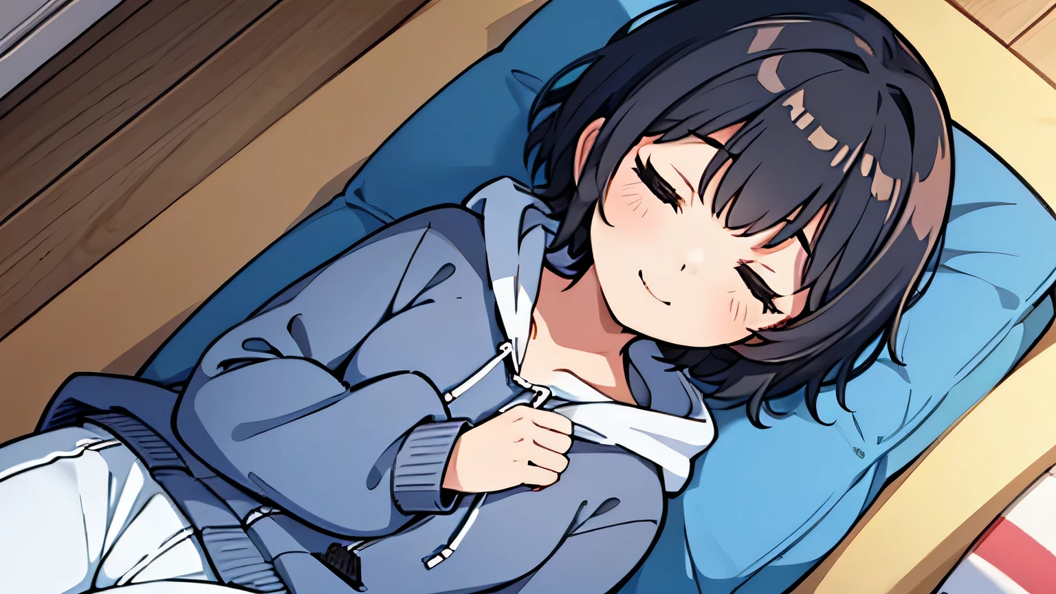 girl, solo, , flat chest, short hair, black hair,, gentle smile on her face, , sitting up straight, wearing a white cardigan((masterpiece, illustration, best quality) laying down at her beach house, sleeping with her eyes closed wearing a blue hoodie and pants, top view