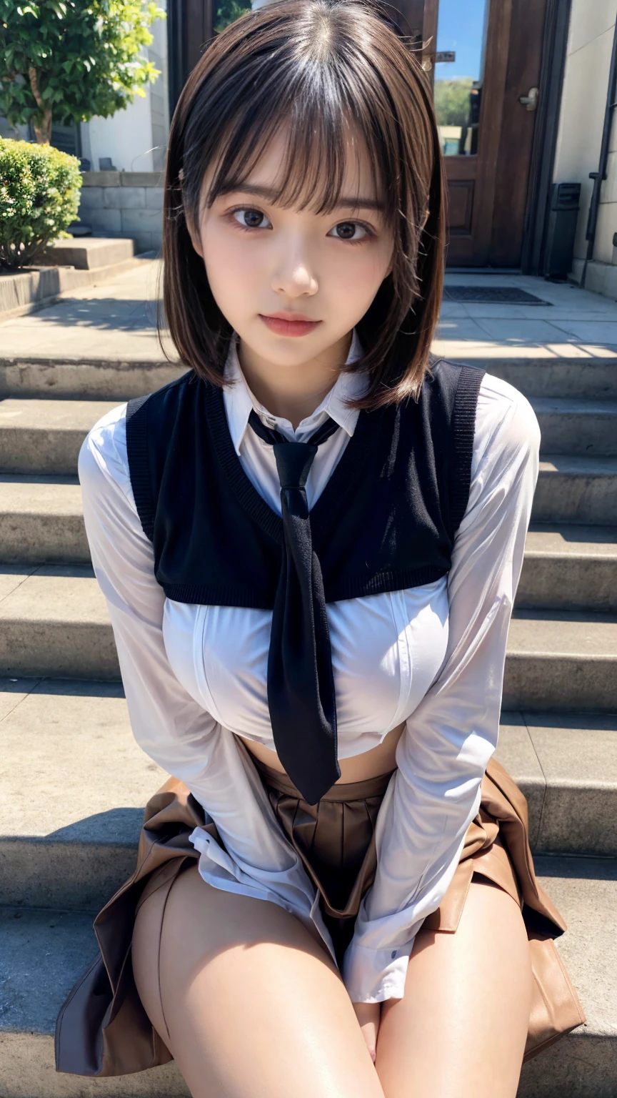(8K, RAW Photos, Highest quality, masterpiece:1.2), masterpiece, super detailed, super high quality, (Realistic and photorealistic photography:1. 37), High-resolution RAW color photos, Very delicate and beautiful, highly detailed, 8k wallpaper, wonderful, detailed, Very eye, very detailed, very detailed skin, very thin fingers, very detailed nose, very detailed mouth, Perfect Anatomy, BREAK,18 year old girl, moped, short hair, bangs, emphasize breasts, huge breasts, colossal tits, very huge round breasts, beauty legs, (Spread your legs:1.2), (Open your legs:1.2), Hands between legs, (perfect body shape:1.1), Big Natural Color Lip, Small and round face, cute type, (Details High quality, realistic depiction of eyes:1.3), Beautiful makeup, glitter makeup, BREAK, skirt, socks, black socks, pleated skirt, kneehighs, white shirt, blue necktie, long sleeves, vest, collared shirt, BREAK, (sitting on a step:1.2),  bold sexy pose