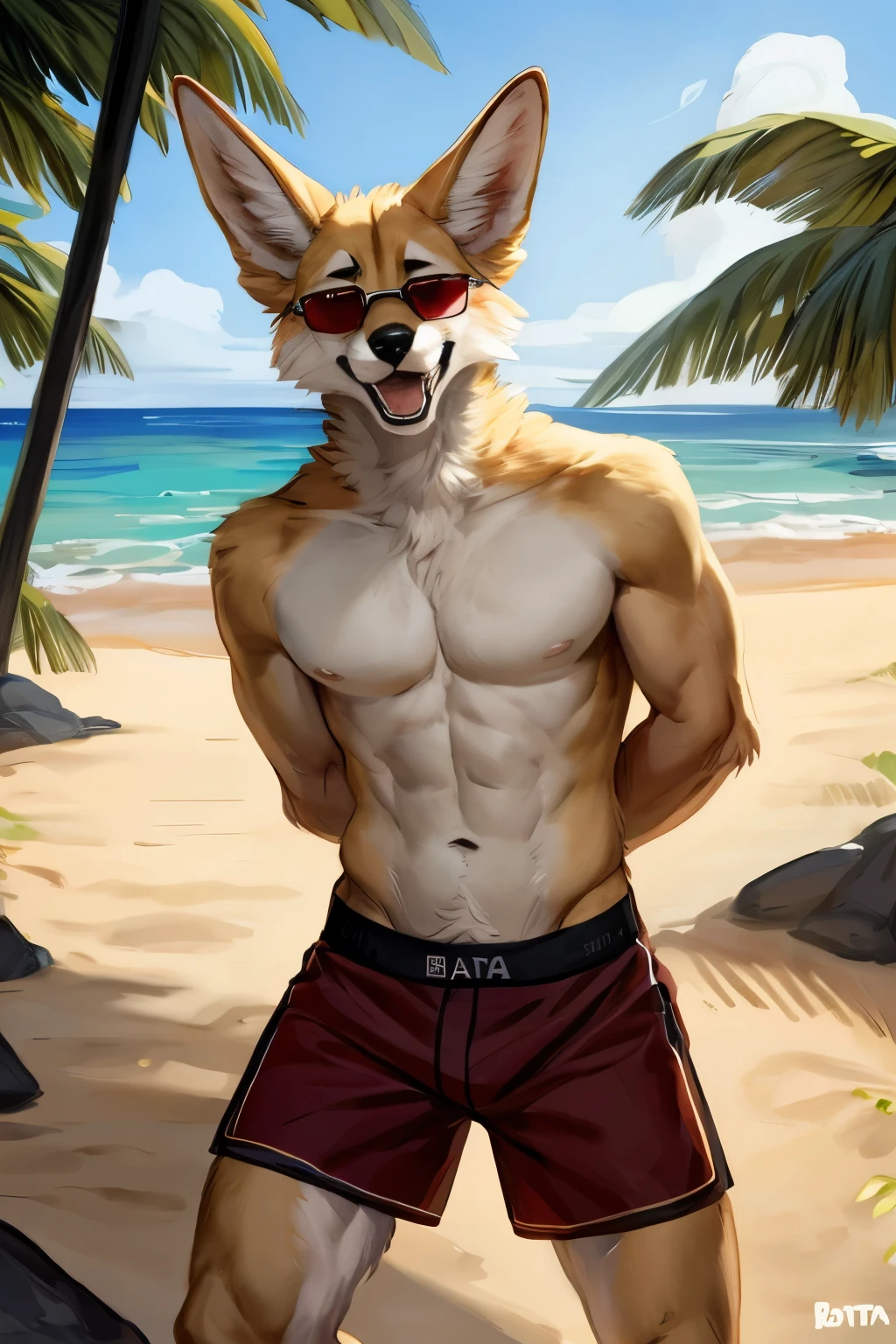 (solo, furry, anthro, hyper realistic, realistic fur), male, front view, muscular body, Fennec, smug, smirk, blushing, laughing, wide open mouth, head tilted, bending down, wearing (((dark red colored))) boxer shorts, black sunglasses on head, black sandals, hands behind back, standing, beach, blurred background, by bebebebebe:1.2, by buta99,by foxovh, by ruan jia
