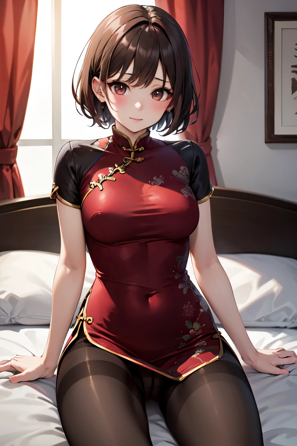masterpiece, Highest quality, High resolution, One girl, alone, short hair, Brown Hair, Brown eyes, Bedroom、((pantyhose))、(China dress)