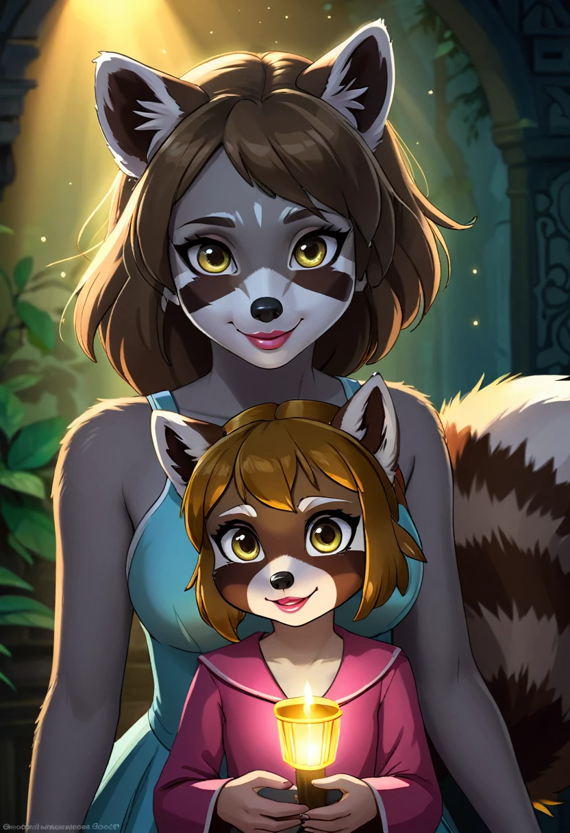 Create an illustrated, hand-drawn, full-color image of an anthropomorphic raccoon girl. The artwork should be rendered in the style of "Breath of the Wild," featuring warm lighting and shadows. Include graphite shading, stencil marks, and airbrushed acrylic paint effects. The image should be of the highest quality, a masterpiece with intricate details.
The raccoon girl should have a female, humanoid, furry appearance with grey skin. She should have luscious lips, a wide smile, and bright, expressive eyes, exuding beauty, cuteness, and adorableness. Ensure the image is high resolution and sharply detailed, with a detailed and vibrant background.
Incorporate mystical lighting in the background, creating a romantic and enchanting atmosphere.