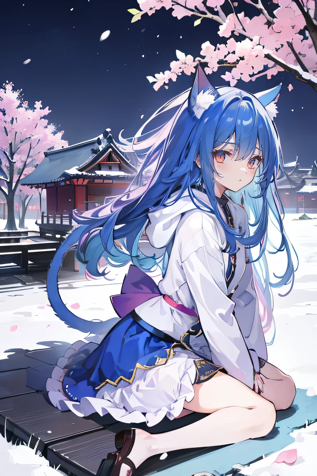 （masterpiece：1.2），Super detailed，lifelike，Expressive eyes，fair skin，perfect face shape，1 girl，
Japanese comics,Gorgeous blue hair,flowing blue hair,flowing clothes,Cat ears,Petals fall,beautiful lola,Baby Angel,
Cross your legs，Gentle and peaceful background，The pavilion is cool and comfortable,smile, wearing hoodie, background of tokyo,back views,snowing, winter.