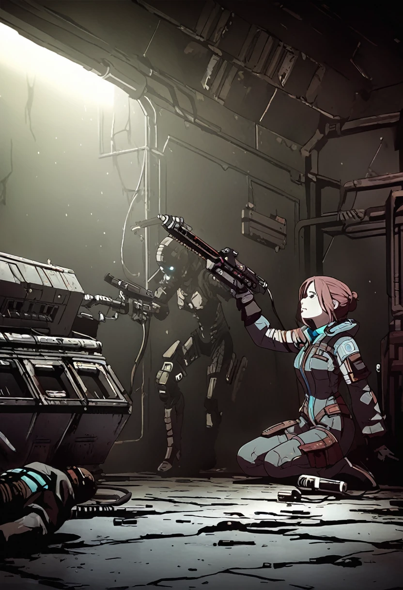 Вселенная Dead Space, young woman, engineer suit, plasma cutter, creepy atmosphere, everything is like in the game,