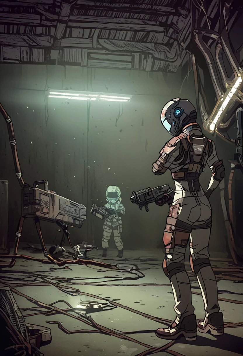 Вселенная Dead Space, young woman, engineer suit, plasma cutter, creepy atmosphere, everything is like in the game,