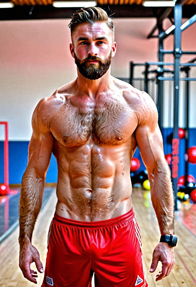 Male Alpha male, top, handsome, muscle body, sweating, soccer short bright red football, skating, little beard, gym, in dominant attitude, cock bulge