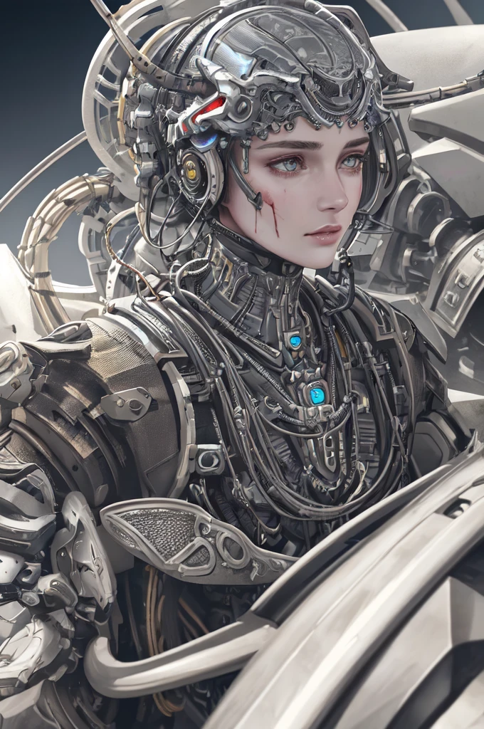 1mechanical girl,((ultra realistic details)), portrait, global illumination, shadows, octane render, 8k, ultra sharp,metal,intricate, ornaments detailed, cold colors, egypician detail, highly intricate details, realistic light, trending on cgsociety, glowing eyes, facing camera, neon details, machanical limbs,blood vessels connected to tubes,mechanical vertebra attaching to back,mechanical cervial attaching to neck,sitting,wires and cables connecting to head