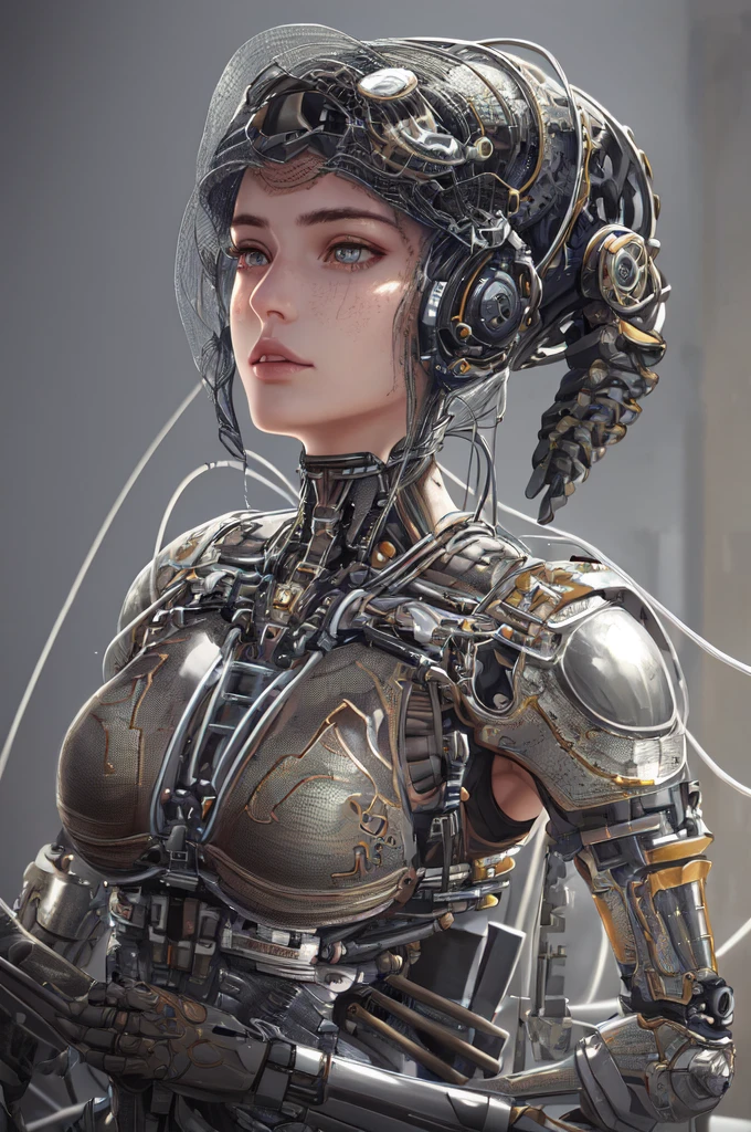 1mechanical girl,((ultra realistic details)), portrait, global illumination, shadows, octane render, 8k, ultra sharp,metal,intricate, ornaments detailed, cold colors, egypician detail, highly intricate details, realistic light, trending on cgsociety, glowing eyes, facing camera, neon details, machanical limbs,blood vessels connected to tubes,mechanical vertebra attaching to back,mechanical cervial attaching to neck,sitting,wires and cables connecting to head