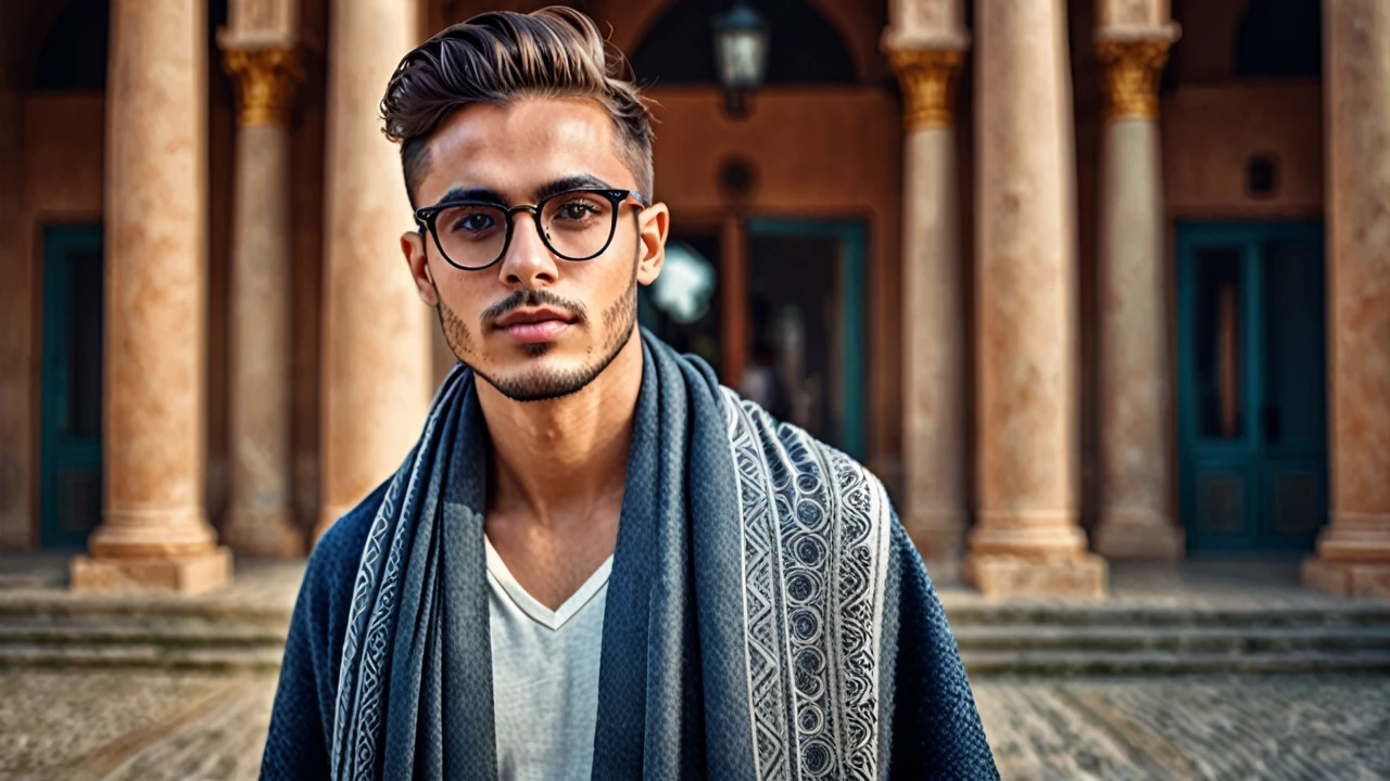 wide field of view, centred, dynamic pose, beautiful modern and elegant young man with expressive eye glasses and shawl on shoulders , highy detailed, 4K, hdr, sharp focus, high resolution, excellent composition, cinematic atmosphere, precise correct anatomy, aesthetic detail of the face image