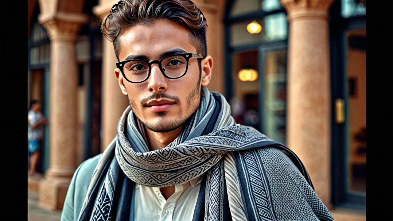 wide field of view, centred, dynamic pose, beautiful modern and elegant young man with expressive eye glasses and shawl on shoulders , highy detailed, 4K, hdr, sharp focus, high resolution, excellent composition, cinematic atmosphere, precise correct anatomy, aesthetic detail of the face image
