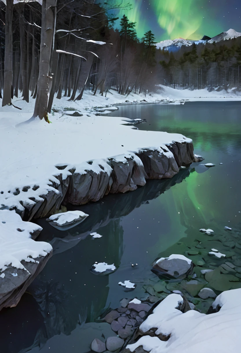 score_9, score_8_up, score_7_up, source_anime, no humans, outdoors, night, landscape, snow, rock, lake, aurora, forest