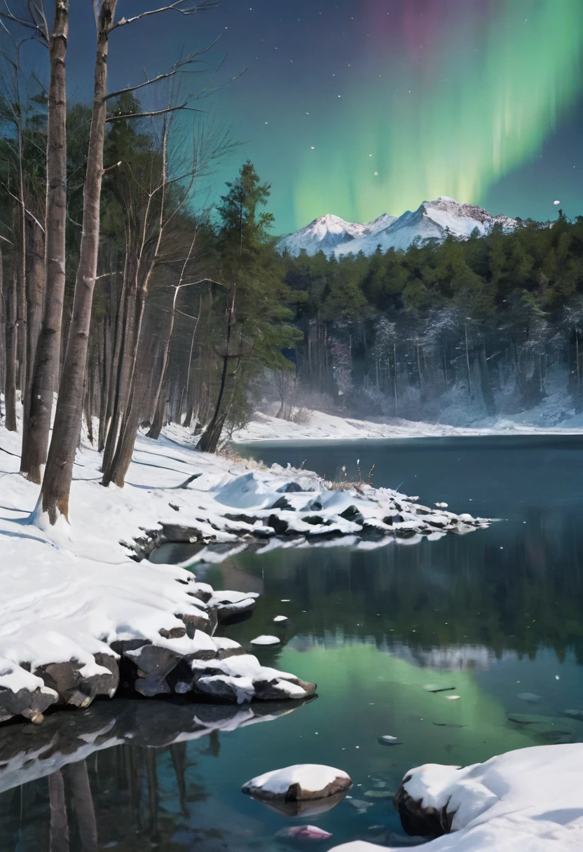 score_9, score_8_up, score_7_up, source_anime, no humans, outdoors, night, landscape, snow, rock, lake, aurora, forest