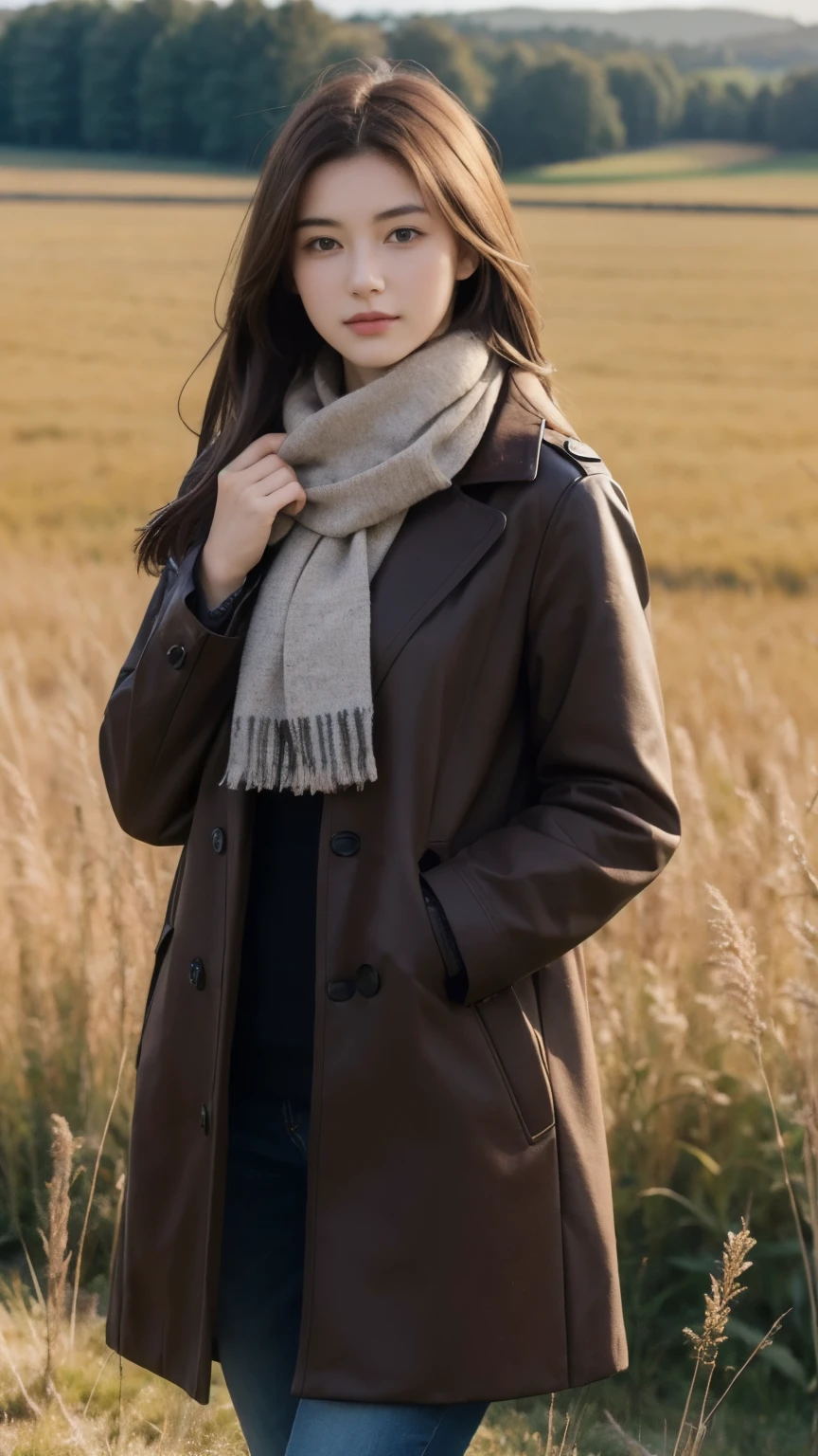 8K, Highest quality, masterpiece, Realistic, Super detailed, photo Realistic, Improvement of quality,
Photo of a girl standing in a field wearing a scarf, The designer's dark and gloomy style, Large chunk, Photobash, Calm face, Jagged Edges, navy, Natural Beauty, Close-up shot