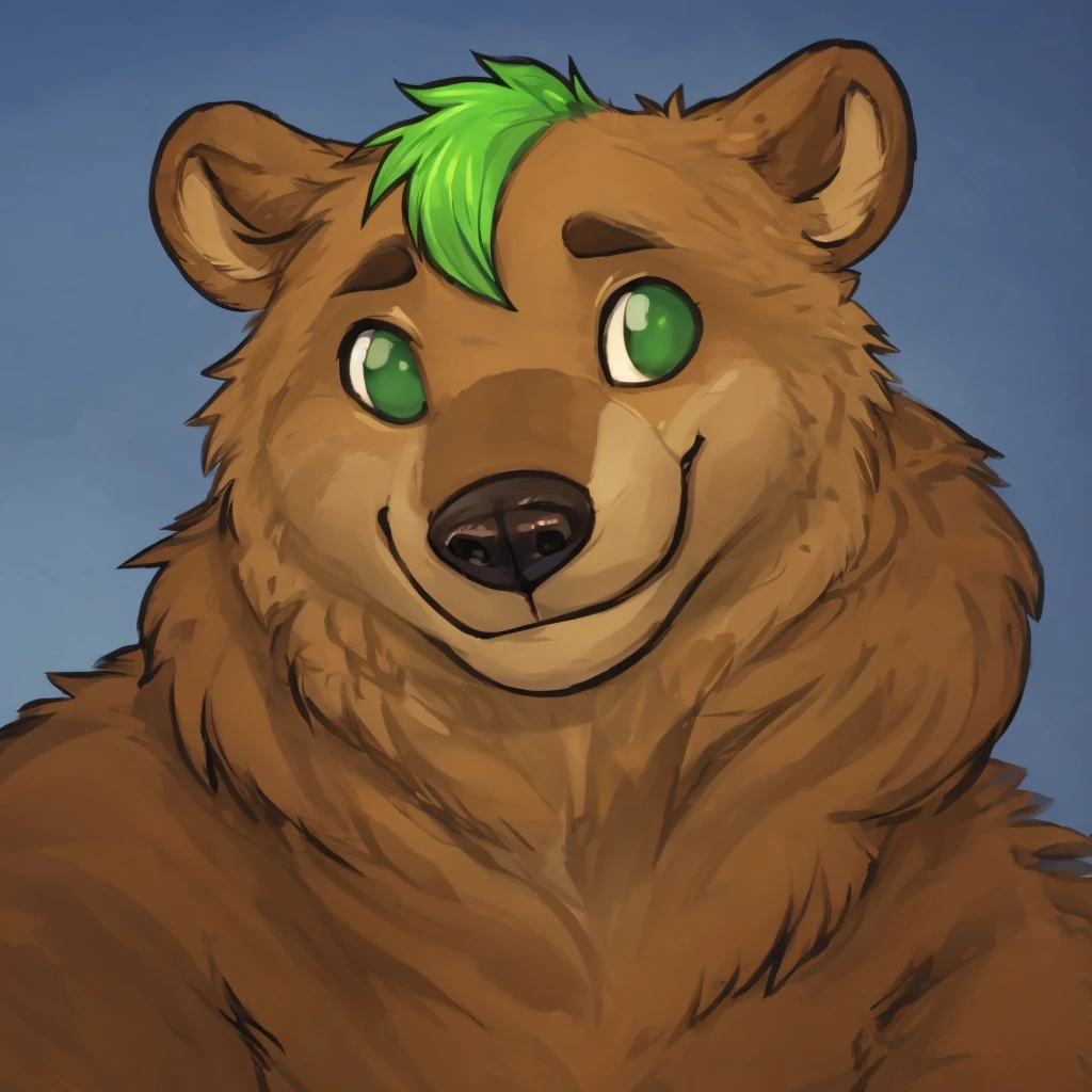 a anthropomorphic grizzly bear with green hair, closed smile, high quality furry art, cute.