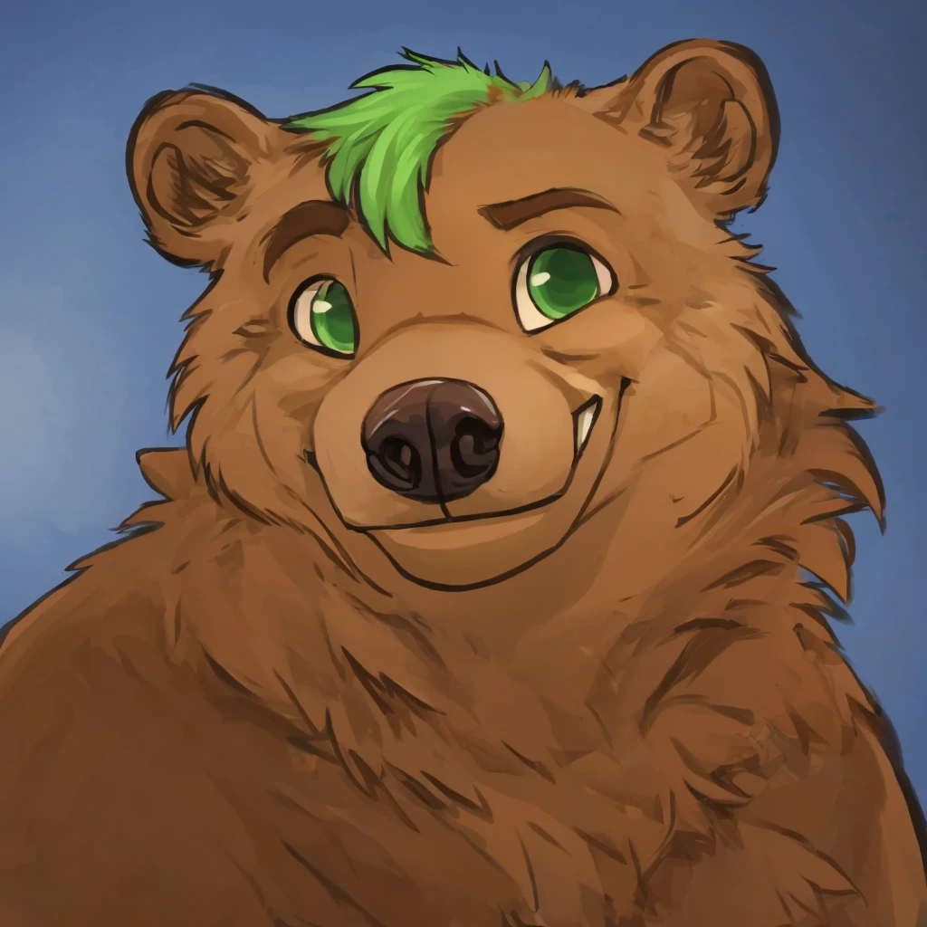 a anthropomorphic grizzly bear with green hair, closed smile, high quality furry art, cute.